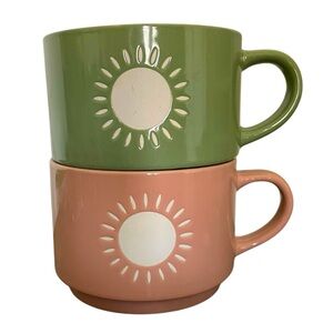 NWOT Green & Pink Good Vibes Sunshine Happy Hippie Boho Sun Mugs Set of 2